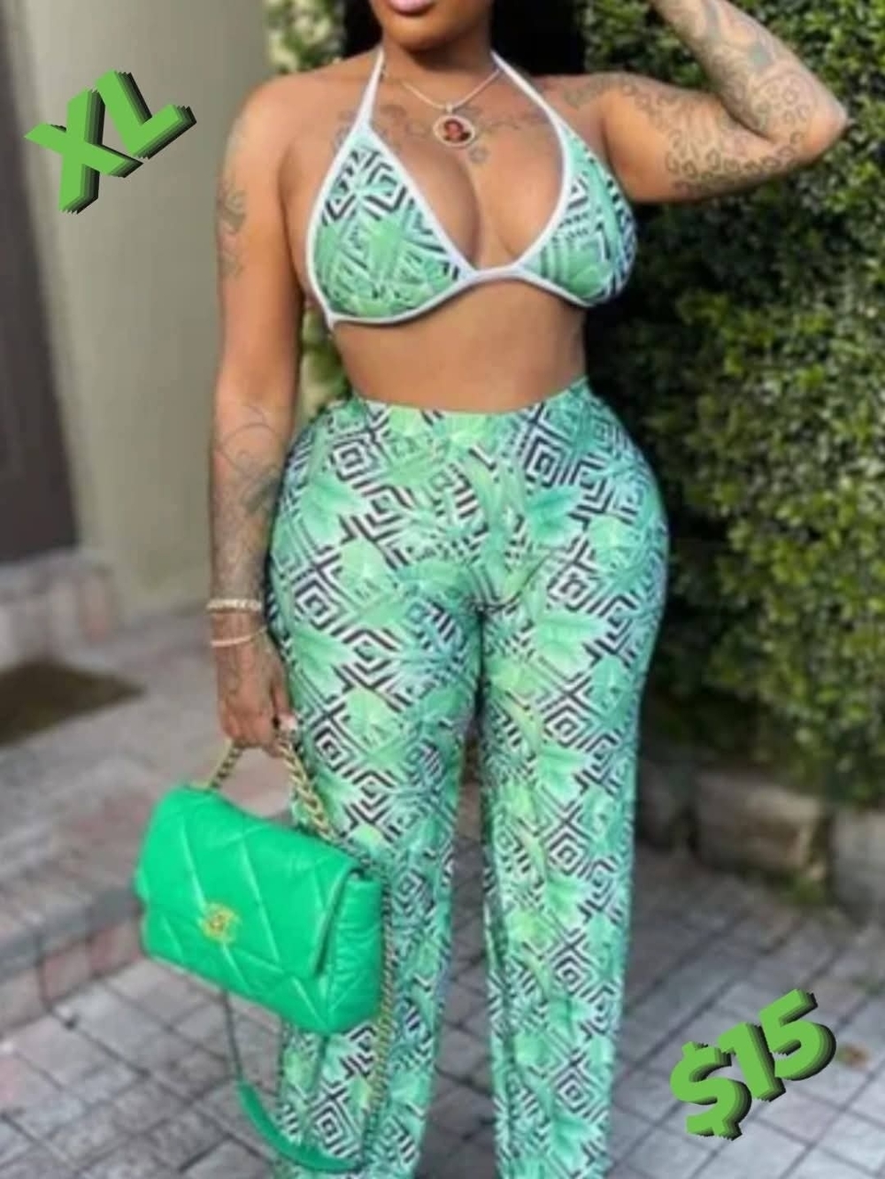 Green Printed High-Waist Stretchy Wide-Leg Pants/Bikini Top- Women's